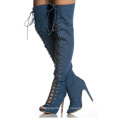 Wide leg women Plus Size 45 46  open toe super high stiletto heel ladies dress  lace up  over the knee winter denim boots